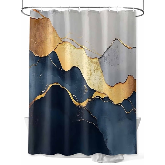 Abstract Impressionist Style Shower Curtain Set ,Waterproof Fabric Shower Curtains Gold Navy Blue Color Block Shower Curtains for Bathroom,Bathroom Decor 72"x84"