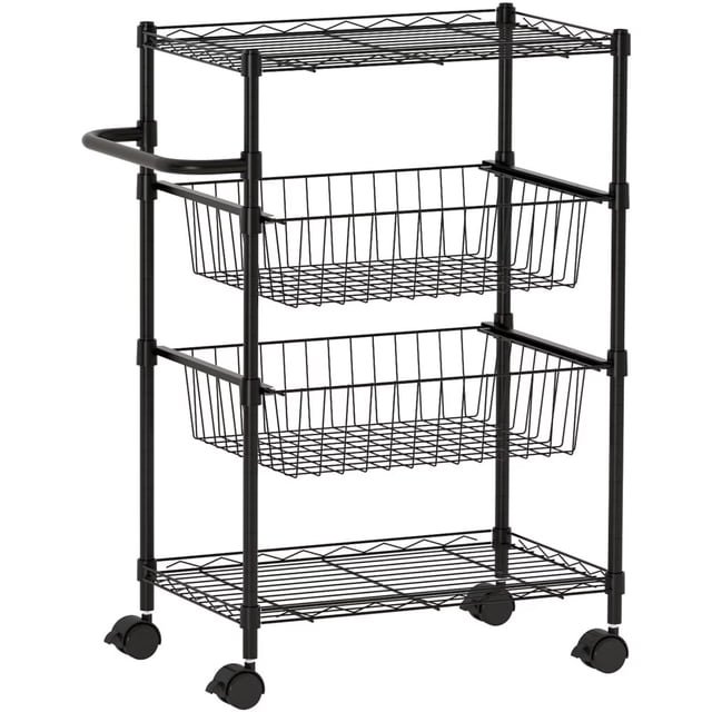 Bingirl Chariot Utilitaire Roulant à 4 Niveaux en Fil Métallique avec Roues et Barre de Poignée - Chariot de Service de Cuisine Robuste de 110 Lb, Chariot de Rangement pour Aliments pour Cuisine de Restaurant, Organisateur d'Étagère Mobile