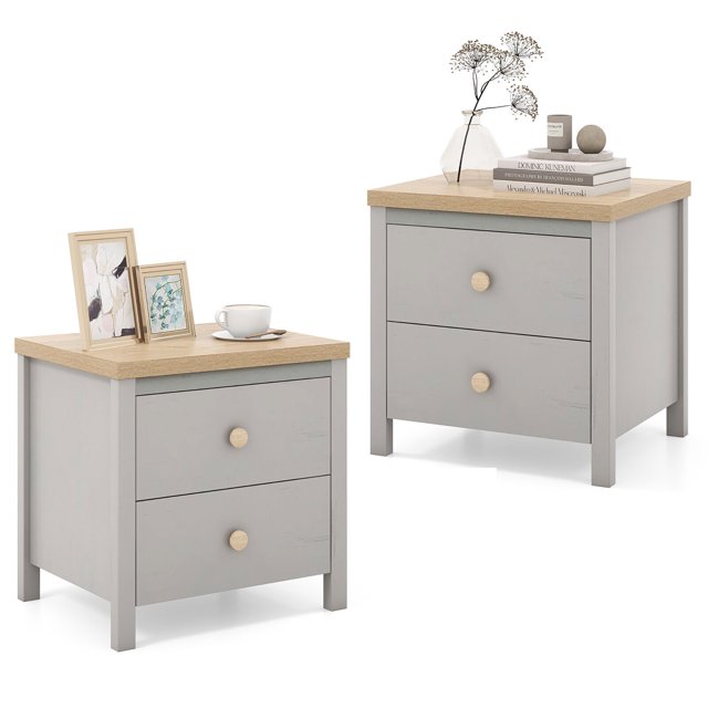 Gymax 2 PCS Nightstand Farmhouse Side End Table w/ Solid Wood Legs & 2 Drawers Gray