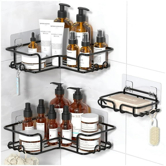 Corner Shower Caddy, 3-Pack Shower Organizer Corner with Soap Holder & 4 Hooks, Rustproof Corner Shower Shelves, No Drilling Shower Shelf, Black