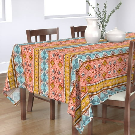 

Cotton Sateen Tablecloth 70 x 108 - Coral Spice Kilim Stripes Stripe Geometric Print Custom Table Linens by Spoonflower
