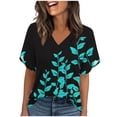thumbnail image 2 of Xuyuer Womens Tops Dressy Casual Puff Short Sleeve Shirts　Henley V-Neck Summer Tops Pleated T-Shirts Loose Fit Tunic Blouses, 2 of 5