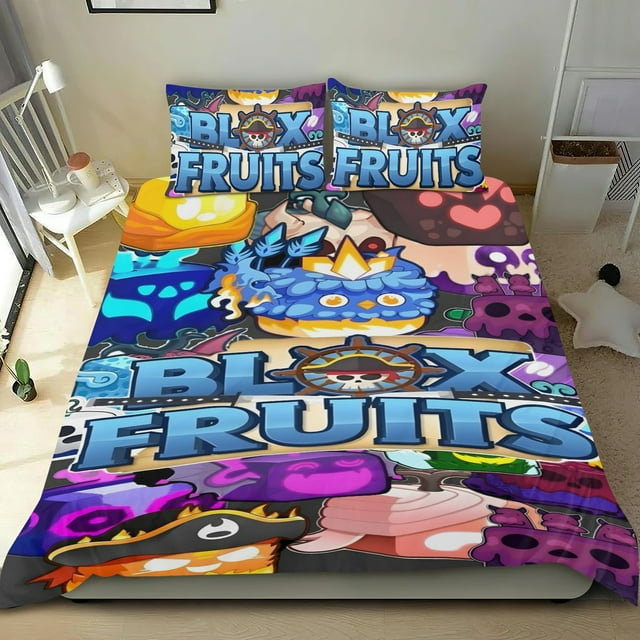 Blox Fruits Conjunto de sábanas temático, trío de piezas, cómodo y amigable con la piel, diseño único, regalo de decoración para el hogar para familiares, amigos y fans,140cm *210cm