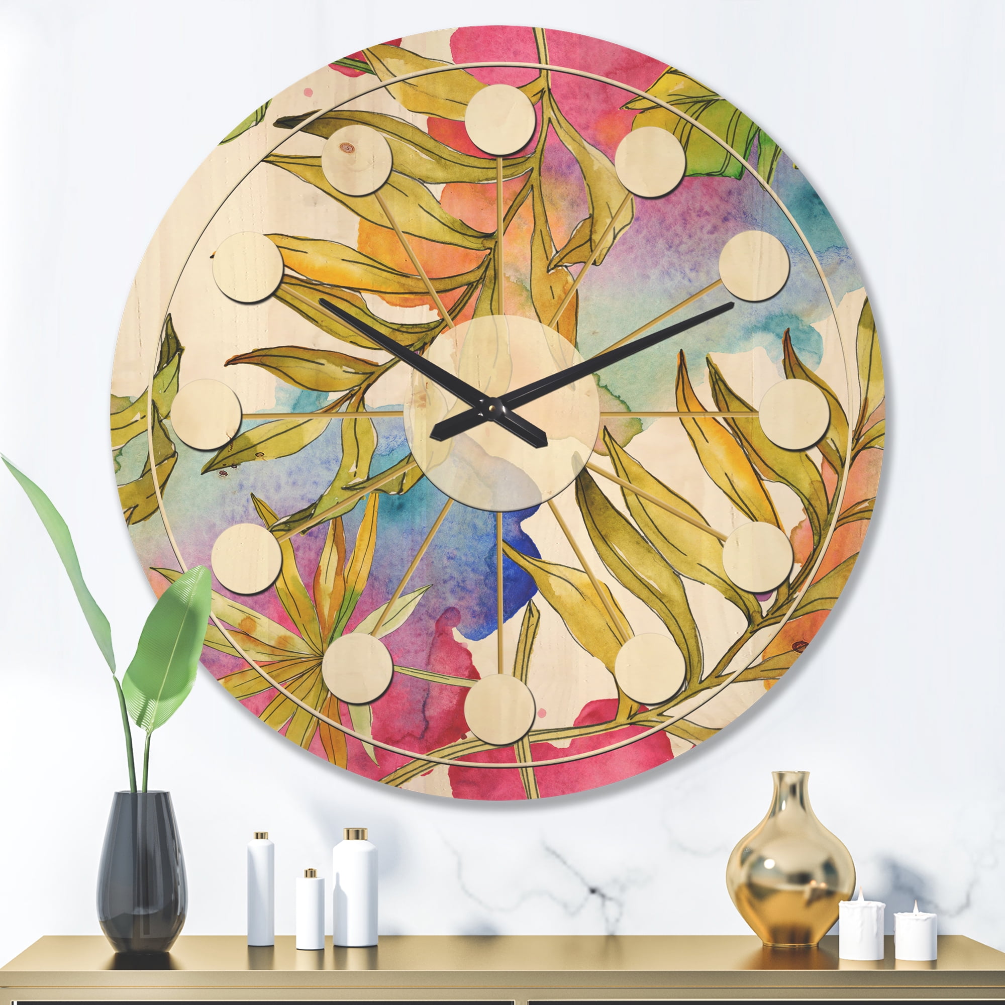 Designart 'Foliage Tropical II' Mid-Century Modern Wood Wall Clock