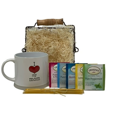 Sade's Gifts Farmhouse Tea Gift Set for Mom - Includes 17 oz Ceramic Mug, 10 Herbal Twinings Teas and All Natural Honey Straws. Great for Mother's Day, Birthdays or Christmas.