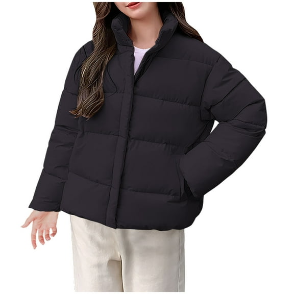 Drses Women's Winter Coats Warm Long Sleeve Zip Puffer Jacket Stand Collar Baggy Short Down Coats Pockets Trendy Outerwear