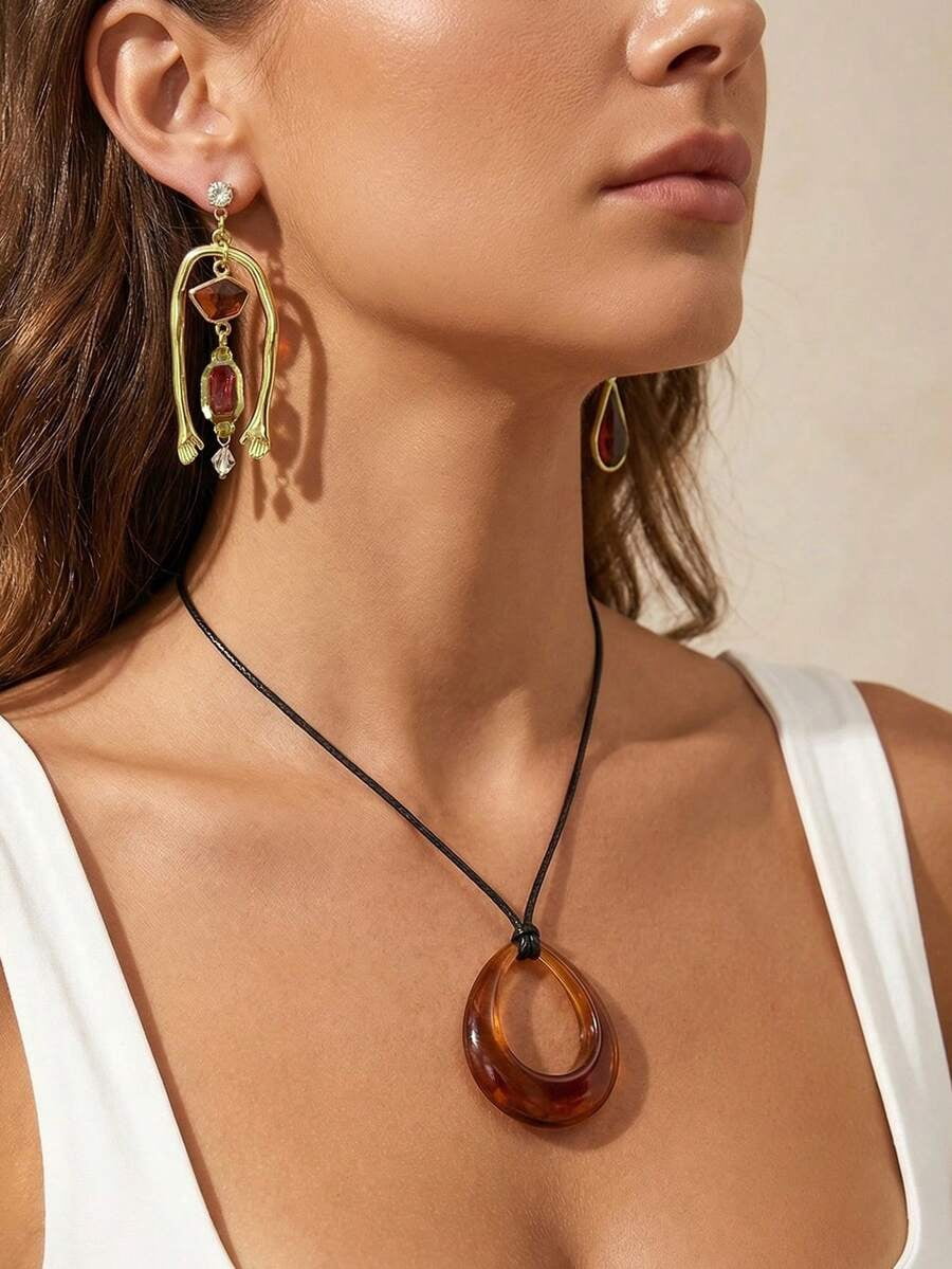 Brown Circular Acrylic Pendant Necklace With Black Leather Cord