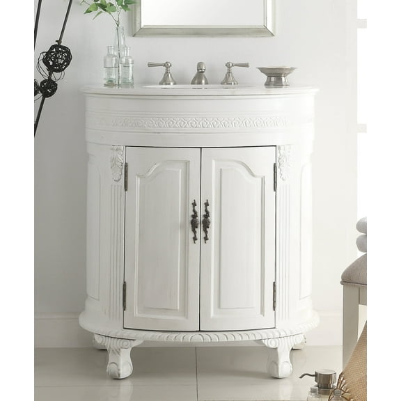Benton Collection 32" Antique White Classic Bathroom Vanity with White Marble Top