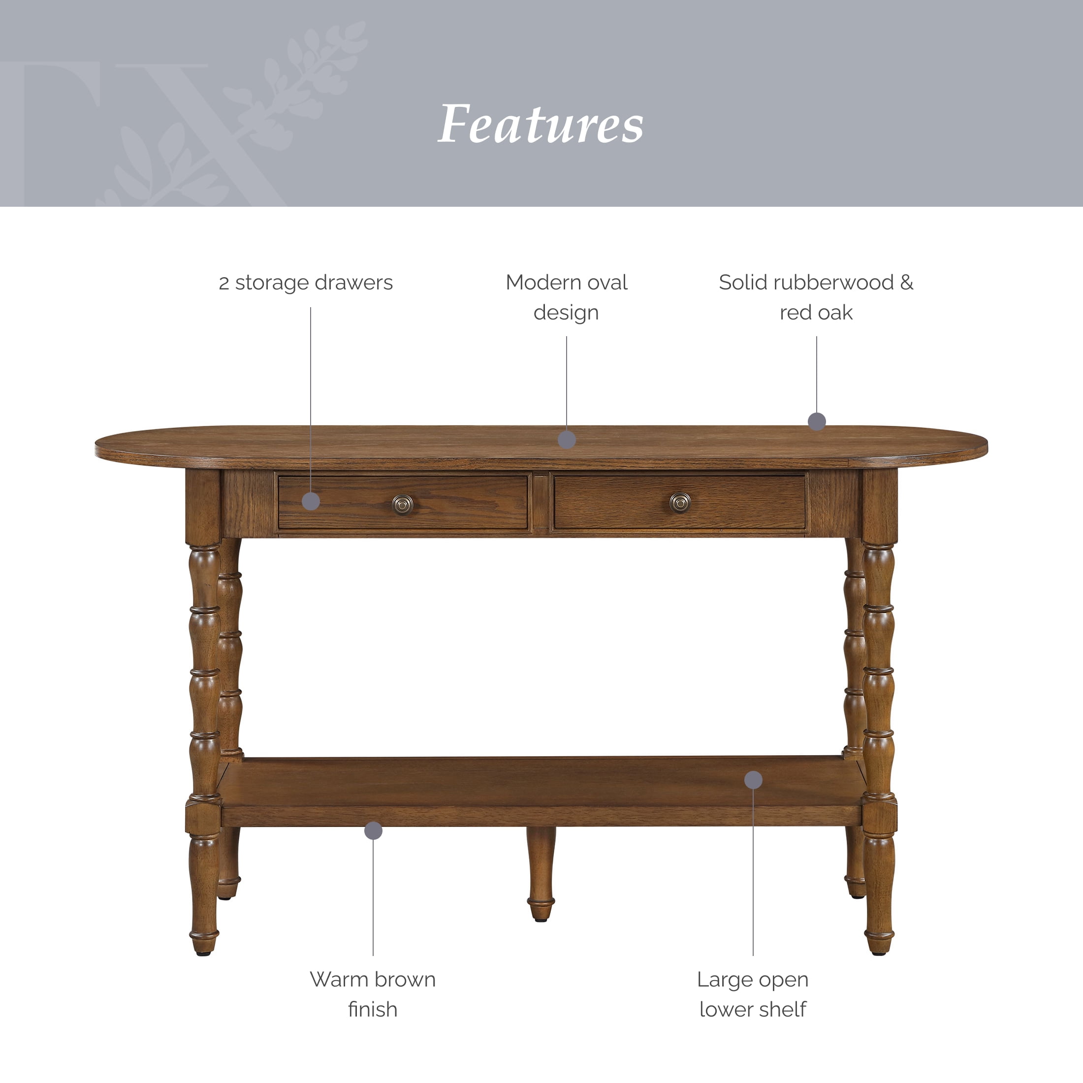 My Texas House Lewis Console Table in Warm Brown with Oval Top and Storage Drawers