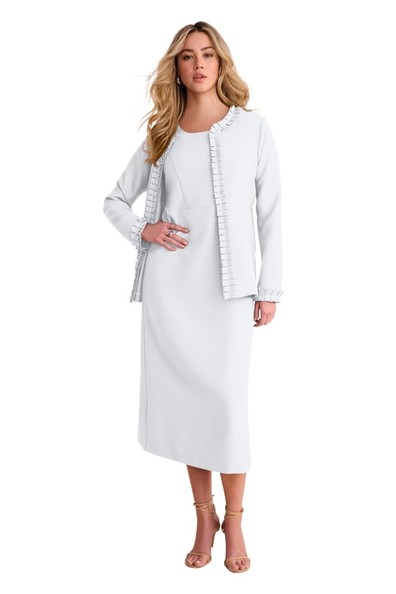 Women's Plus Size Long Sleeve Pleated Jacket Dress Set  Elegant 2-Piece Sheath Suit