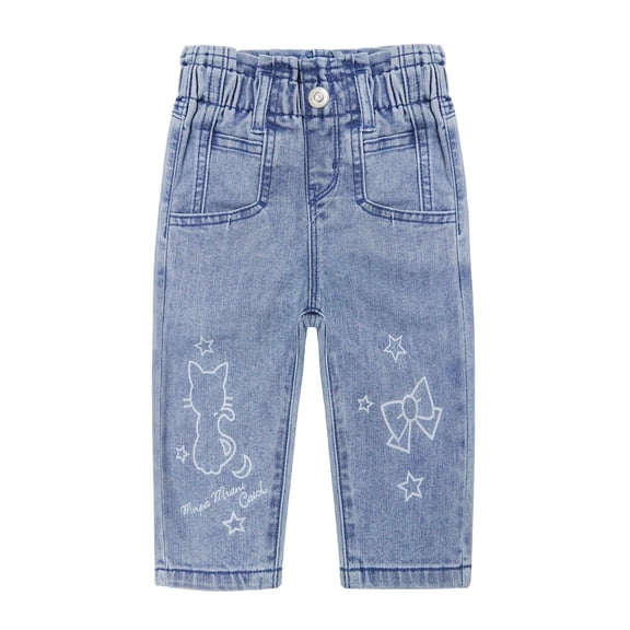 KIDSCOOL SPACE Baby Little Girl Jeans,Paperbag Elastic Waist Cute Printed Denim Pants,Light Blue,3-4 Years