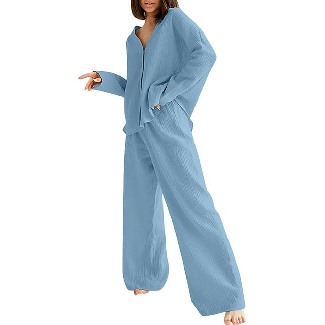 Ensembles de Pyjama pour Femmes Mode pour Dames Couleur Unie Coton Chemise Ample Manches Longues Pyjamas Pyjamas Ensemble Deux Pièces L