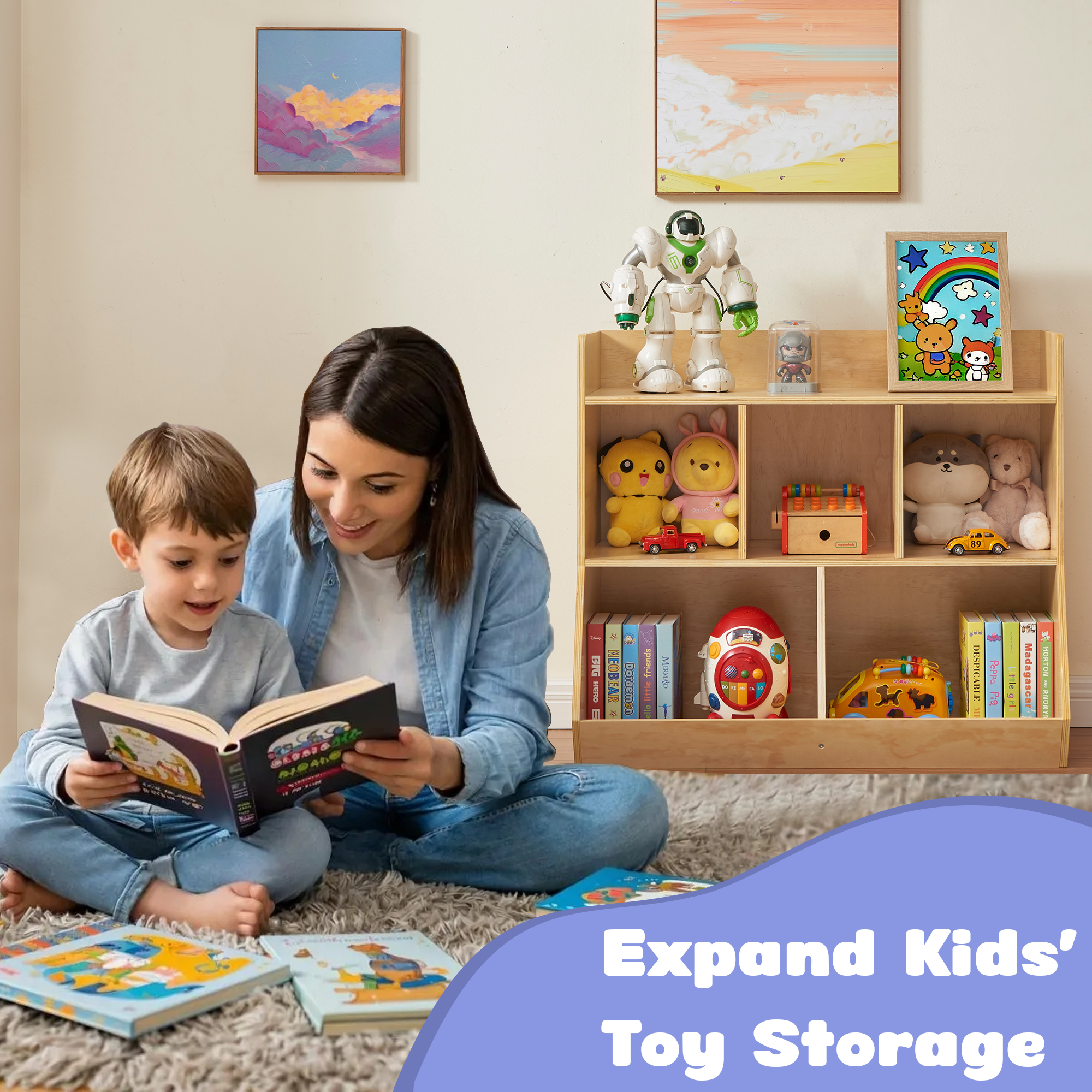 Montessori Storage Cabinet, Wooden Toy & Book Organizer with Tilted Open Cubby Shelf, 150LBS Heavy Duty Plywood, Toddler Bookshelf for Playroom, Nursery, Kids Rooms