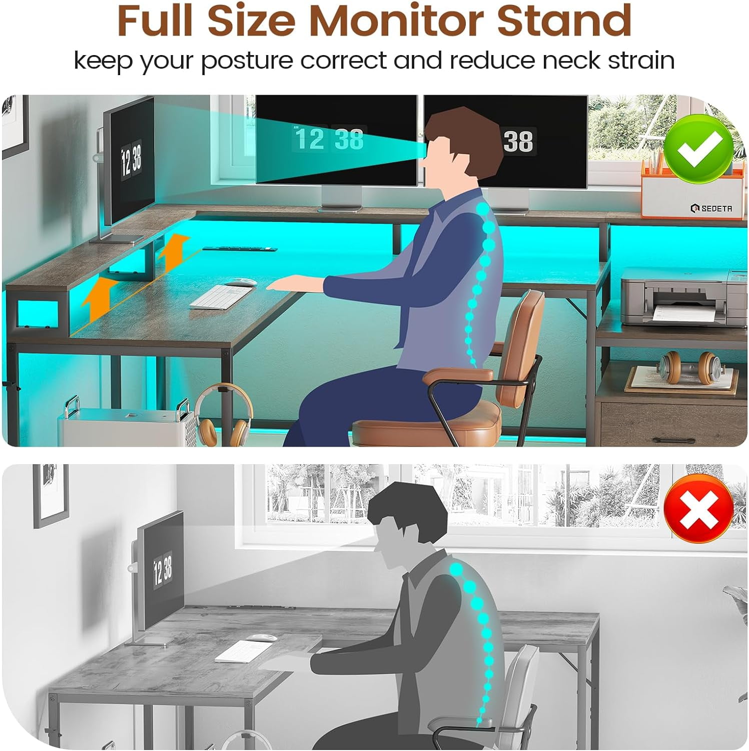 L Shaped Desk with Drawer and Power Outlet, 66" Home Office Desk Corner Computer Desk with Monitor Shelf, Printer Storage Shelves, Gaming Desk with Led Lights, Two Person Desk, Walnut