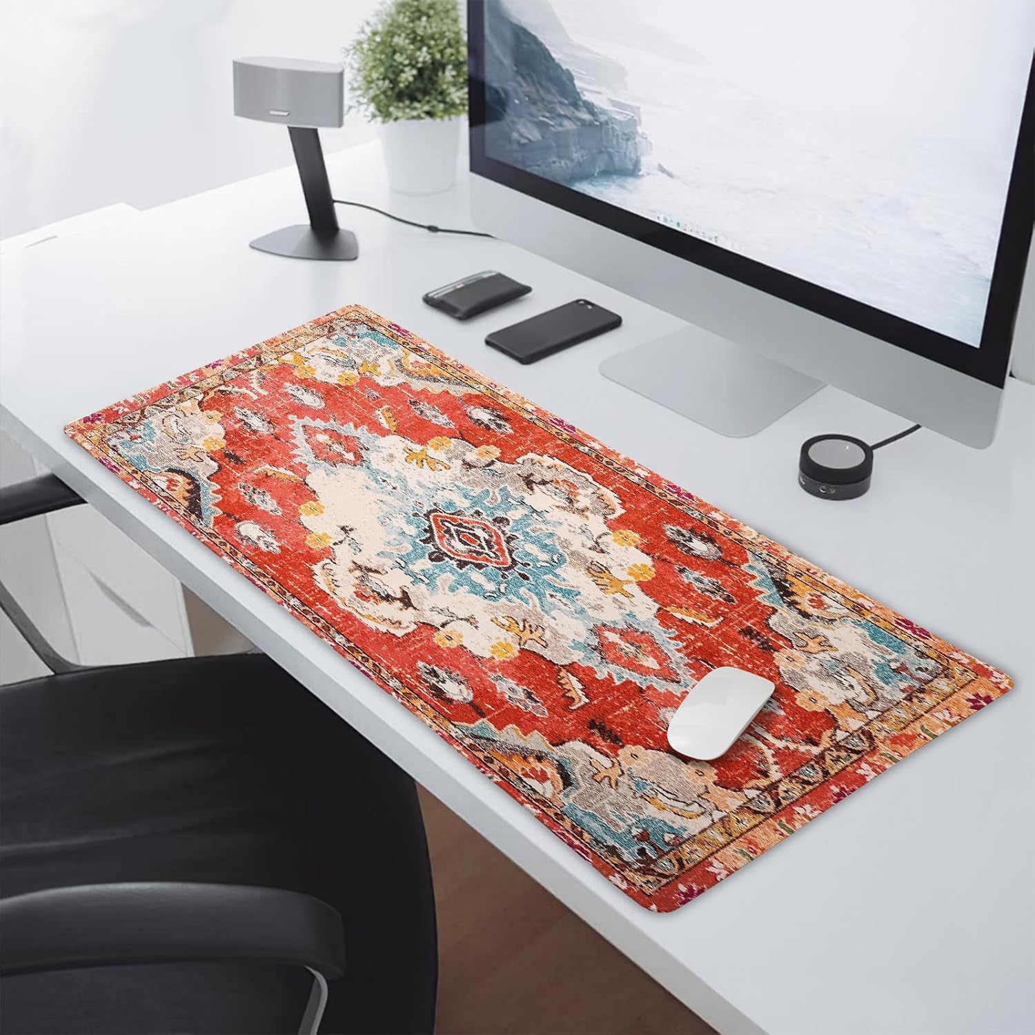 Vintage Rug Mouse Pad XXL Red Orange Retro Carpet Aesthetic Extended Table Mat 90X40 cm Non-Slip Rubber Base Stitched Edge Large Mousepad for Gaming Laptop Computer Desk Top 35.4×15.7 Inch