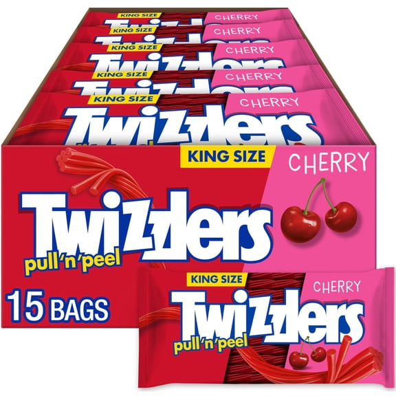 TWIZZLERS PULL 'N' PEEL Cherry Flavored King Size, Chewy Candy Packs, 4.2 oz 15 Count