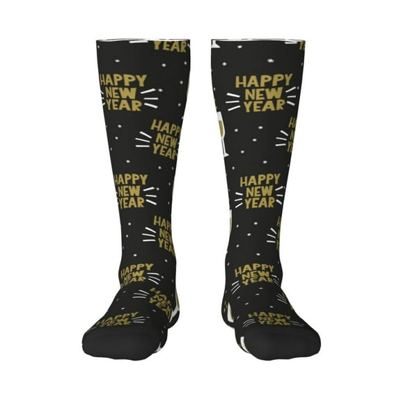 Fuzoiu Happy New Year Print Adult Stockings,Crew Socks,Unisex Fashion Socks, Casual Sports Socks,Comfortable Crew Socks for Everyday Wear and Sports