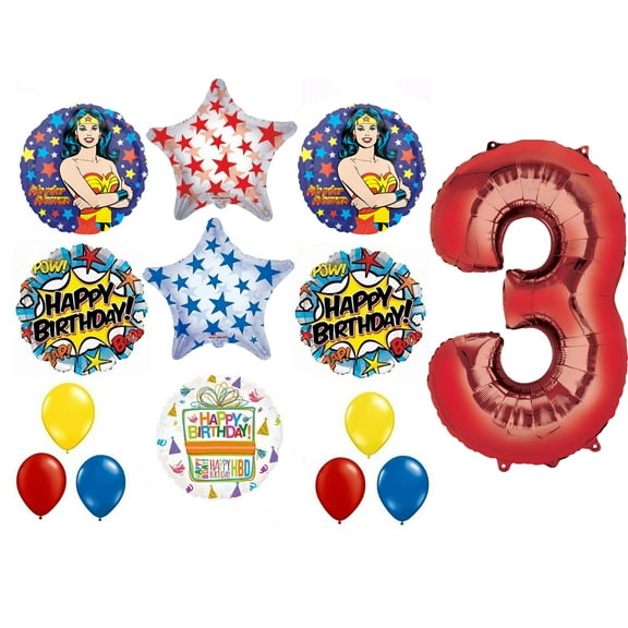 Wonder Woman 14 pc Superhero 3rd Birthday Party Supplies and Balloon Decorations