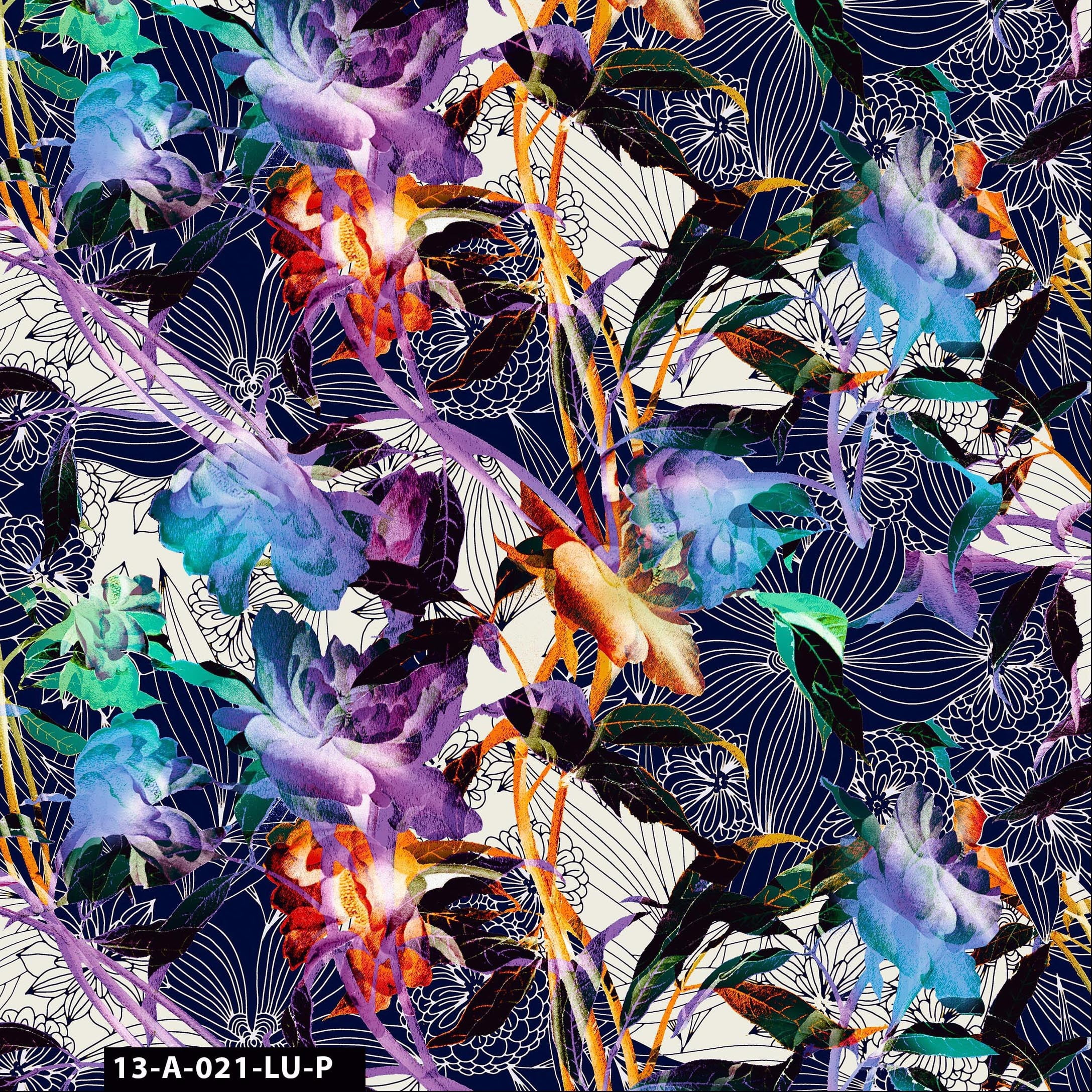FREE SHIPPING!!! Abstract Floral Design 100% Cotton Quilting Fabric for the Yard by the Yard - (Navy, Purple, Orange and Jade)