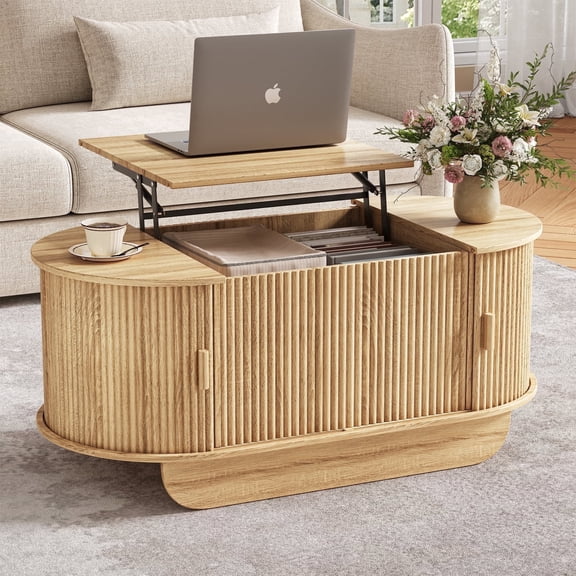 Lift Top Wood Coffee Table with Storage, Fluted Design and Sliding Doors for Living Room, Natural