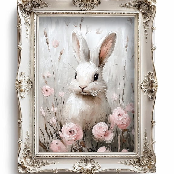 Rabbit Flower Portrait Print, Vintage Farmhouse Decor UNFRAMED PAPER POSTER, Home Decor, Vintage Gift, Living Room Dercor