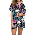 thumbnail image 2 of Bzdzmqm Women Halloween 2 Piece Sets Print Short Sleeve Round Neck Casual Outfits Breathable Cool Shorts Lounge Set, White M, 2 of 6