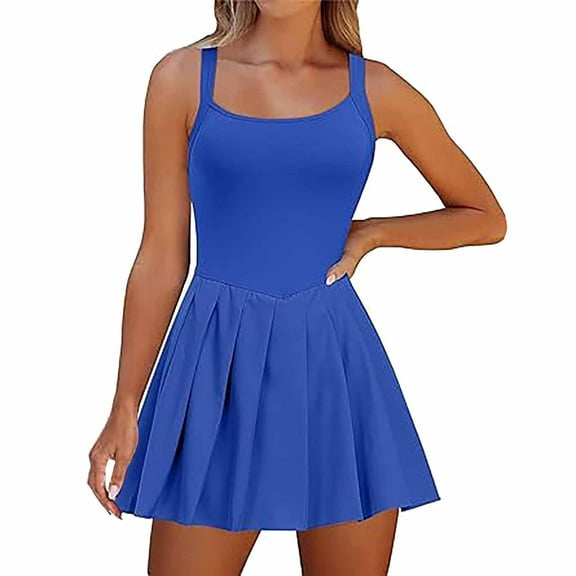 Prolriy Summer Dresses for Women 2025 Women's Workout Athletic Romper Tennis Dress Sleeveless Sportswear in Summer Dress Fitness Suit Built in Shorts Womens Summer Dresses Blue L