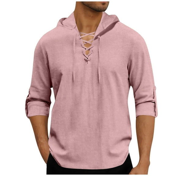 Timoontee Men's Hoodies Long Sleeve Lace Up Hooded Blouse Casual Fall Trendy Gamping Hiking Jogger Pullover Tops Lightweight Solid Shirts Pink L