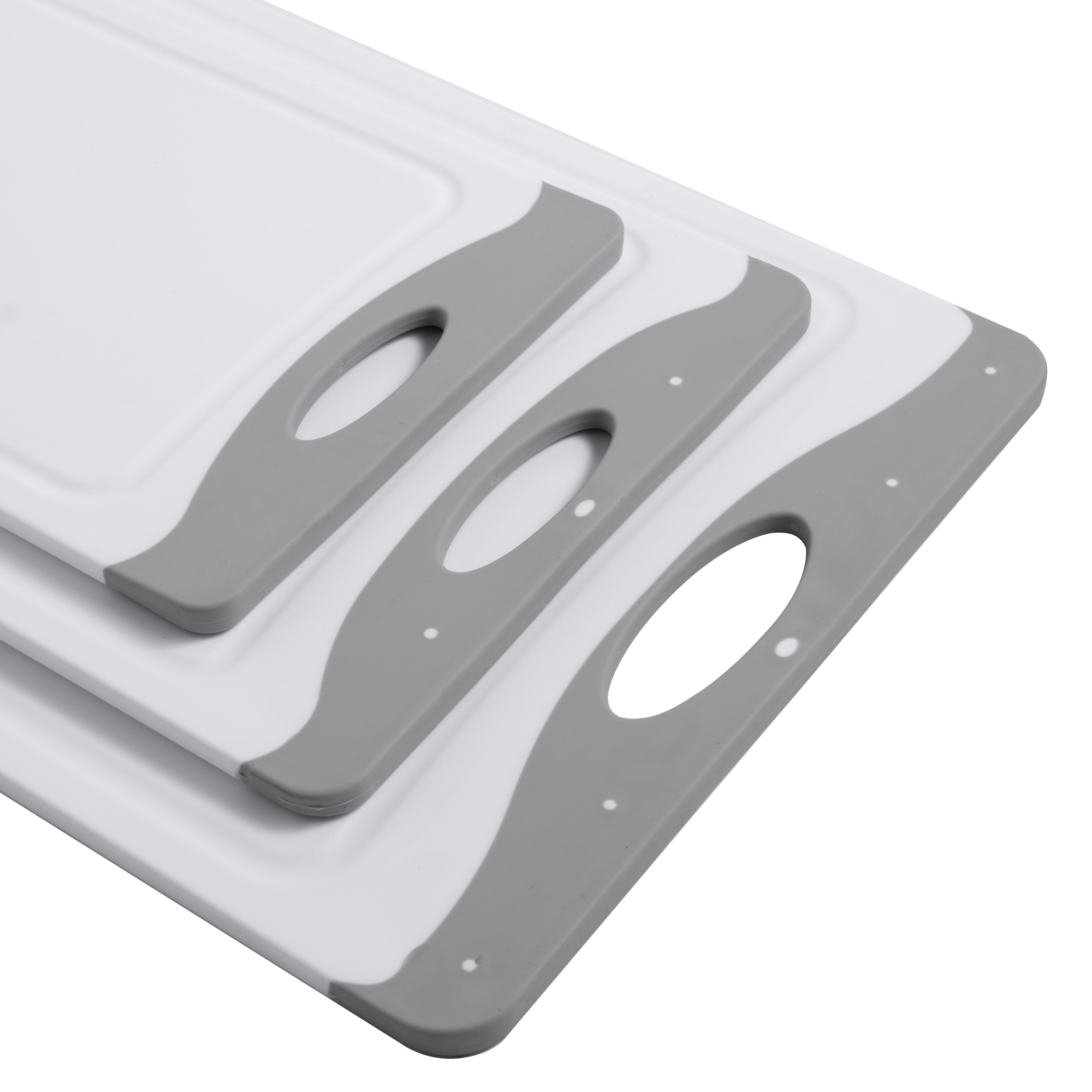 Mainstays 3-Piece Non-Slip Poly Cutting Boards, 50% Recycled PP, 16.9"x 11.8", 13.7" x 9.5", 11.4" x 7.9", White&Silver Color