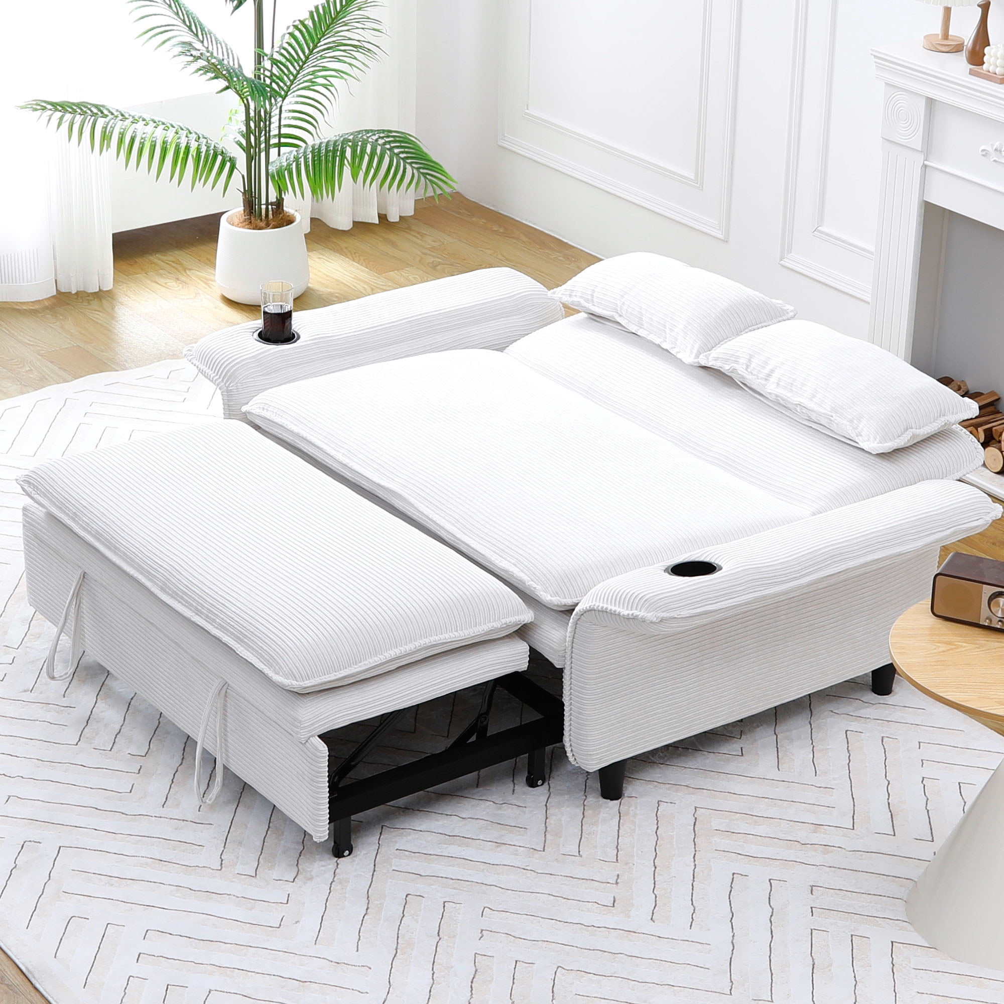 3-in-1 Convertible Sofa Bed,Modern Corduroy Sleeper Sofa with Pull Out Bed,Loveseat Couch with Adjustable Armrest for Living Room,Beige