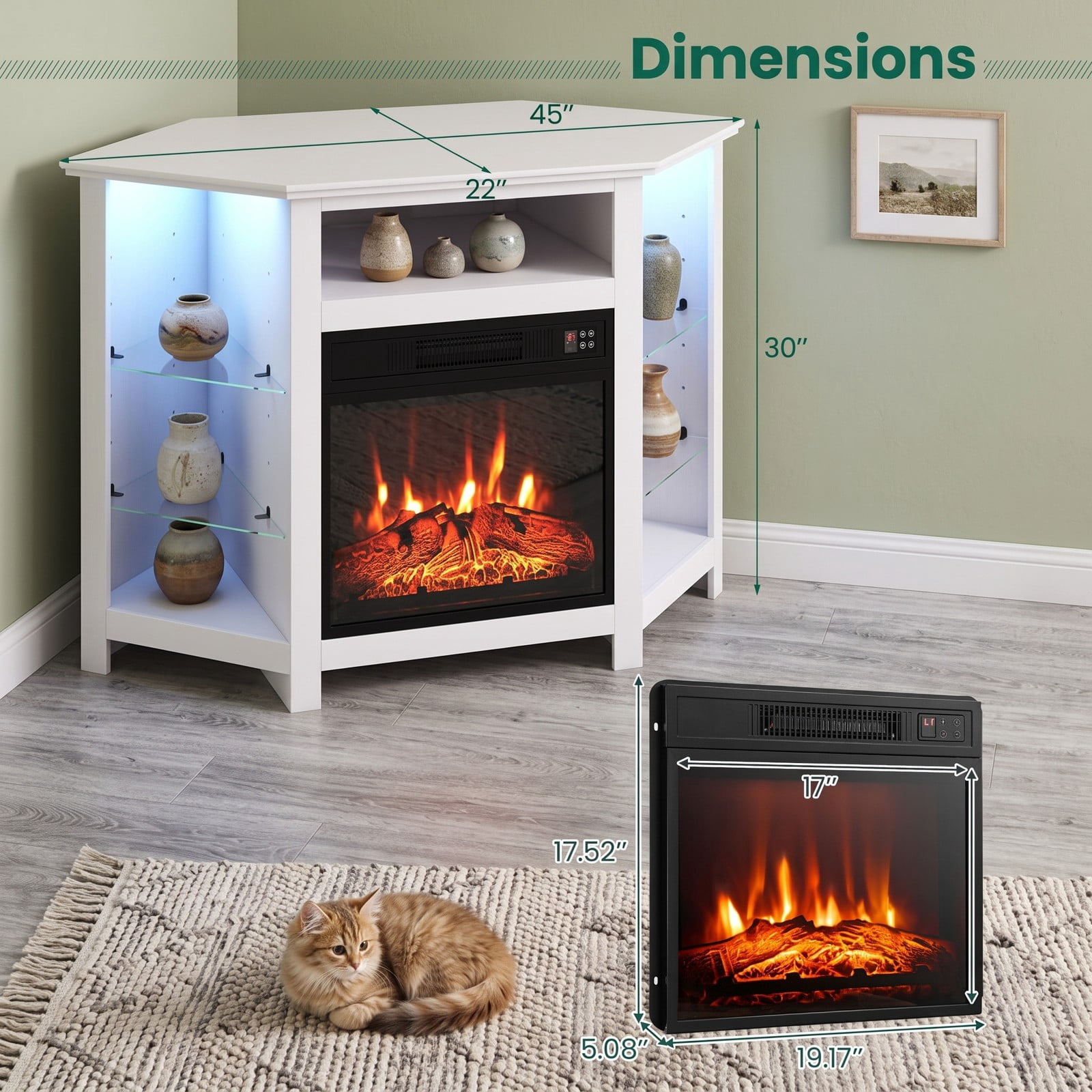Furnibear Corner Fireplace TV Stand with LED Lights and Smart APP Control for TVs up to 50 Inches, Electric Media Console with Glass Shelves and Adjustable Flame, White