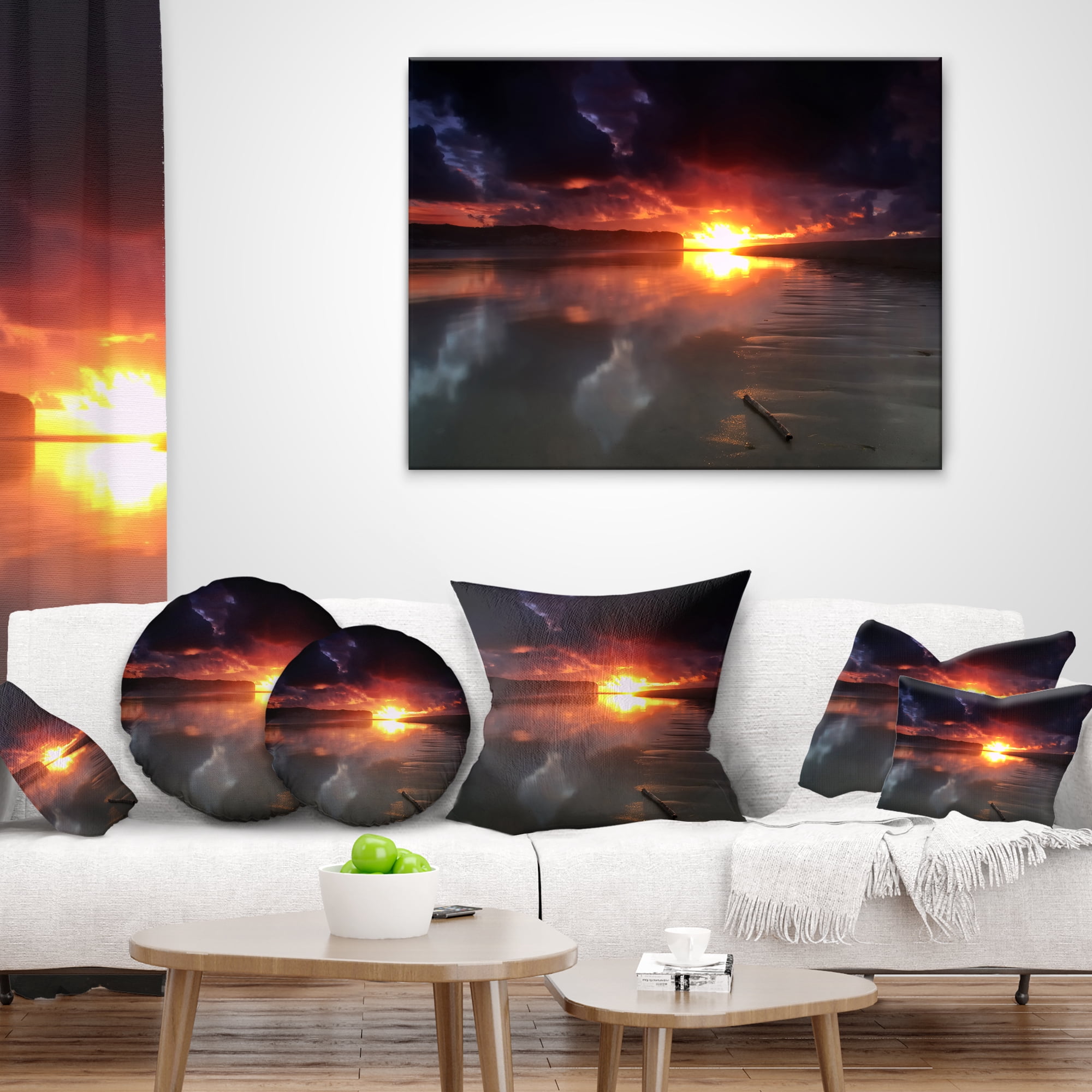Designart Mirrored Sun in Cloudy Dark Seashore - Seashore Throw Pillow - 16x16