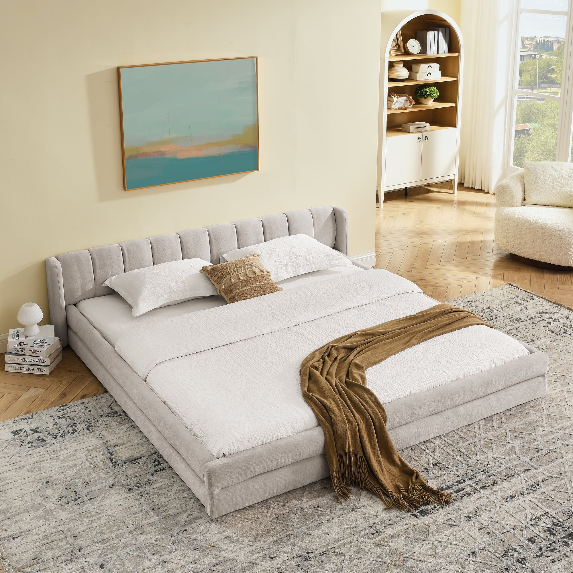 King Upholstered Bed Frame, Modern Platform Bed with Soft Headboard, Thick Chenille Fabric Upholstered Bed Frame, Grounded King Size Bed for Bedroom,Beige
