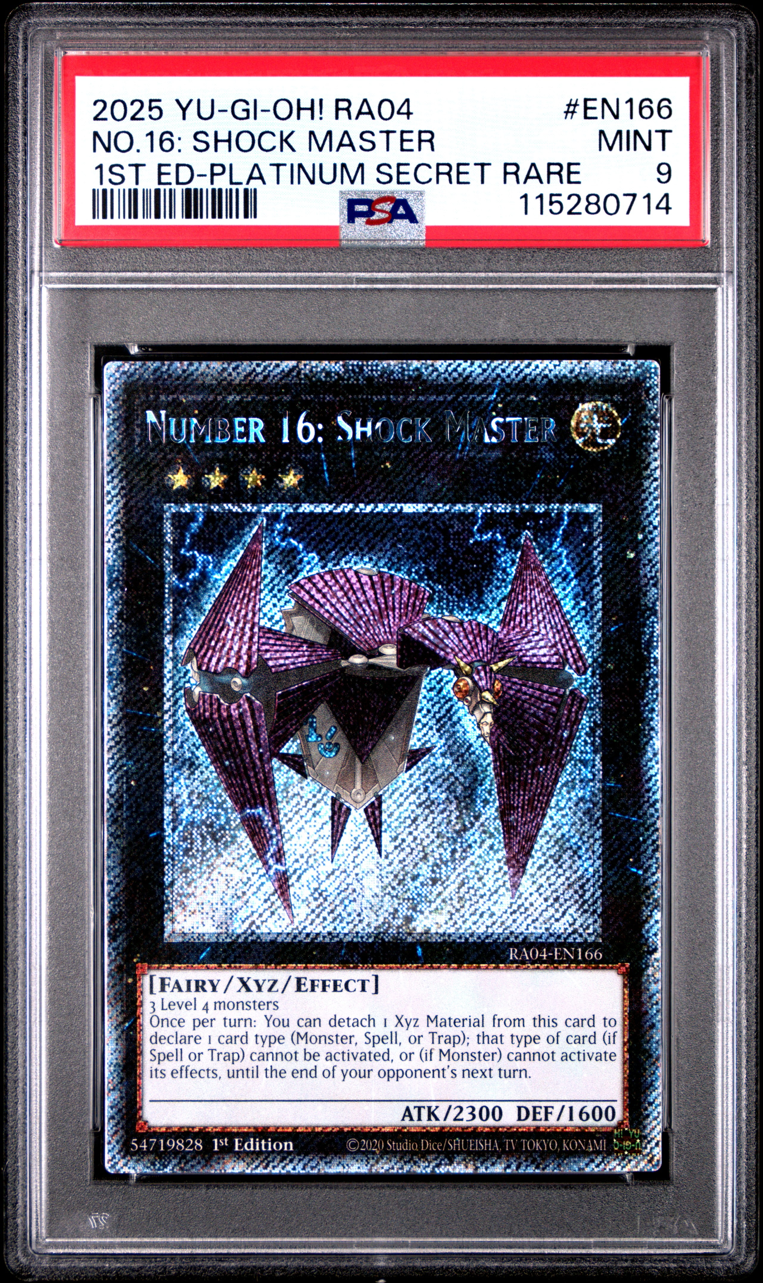 Yu Gi Oh! TCG, PSA Graded 9 MINT, No.16: Shock Master 1St Ed Platinum Secret Rare #EN166, Ra04 Quarter Century Stampede, Fully Encapsulated Bundle with Compatible Yu Gi Oh! Hard Sealed Case