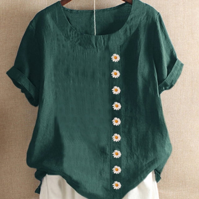 Sonducket Blusa Lino Suelta Camisa Manga Corta Cuello Mujer Top Verano Prendas para la parte del cuerpo Verde L