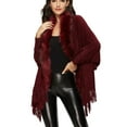 thumbnail image 1 of Cardigan Femme Col en Fausse Fourrure Décor Ourlet à Franges Manches Longues Pull Décontracté Rouge L, 1 of 7