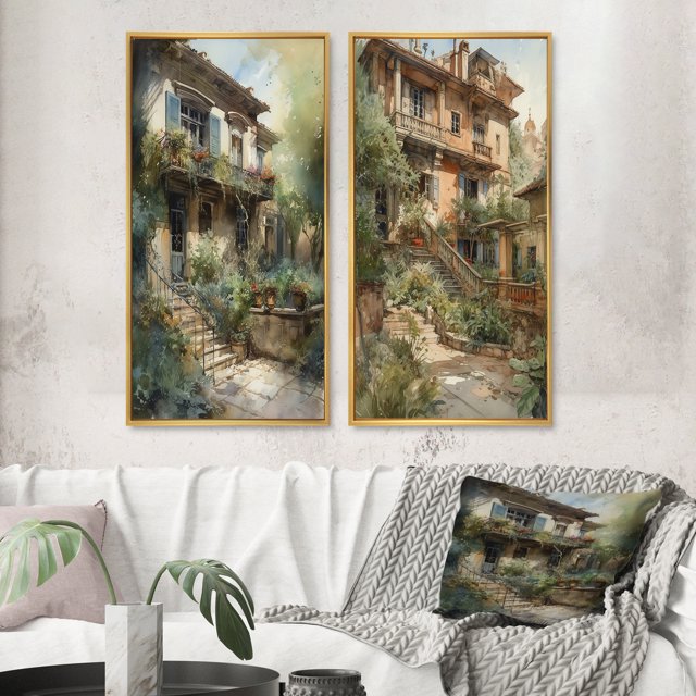 Designart "Country Cottage Entry Rustic Charm IV" Farm Framed Wall Art Set Of 2 - Country White Framed Canvas Set For Living Room Decor