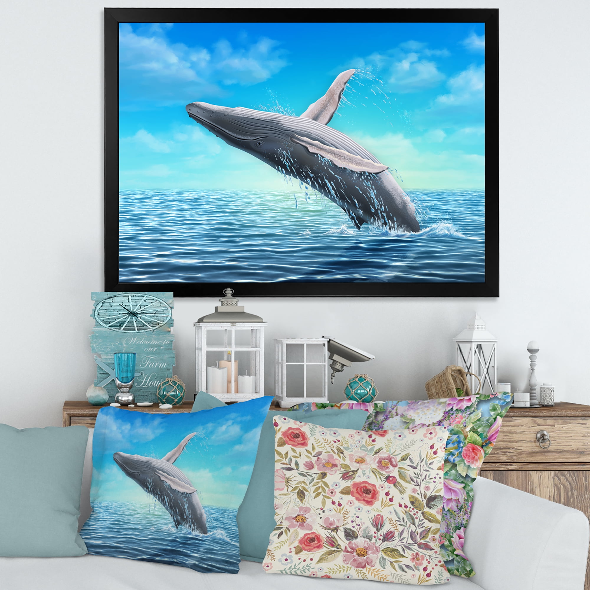 Designart 'Humpback Whale Jumping Out of Sea' Farmhouse Framed Art Print