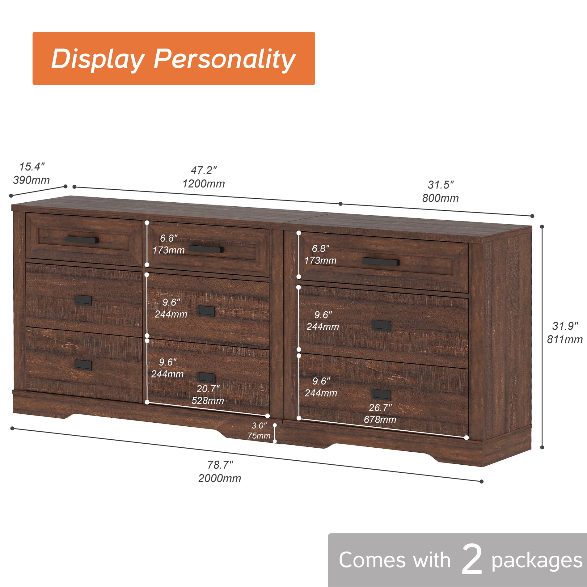 2 in 1 Dresser with 9 Drawers for Bedroom, Wooden Dressers with Small Chest of Drawers, Mid Century Modern Dresser with Metal Handles for Liviing Room, Hallway, Rustic Brown