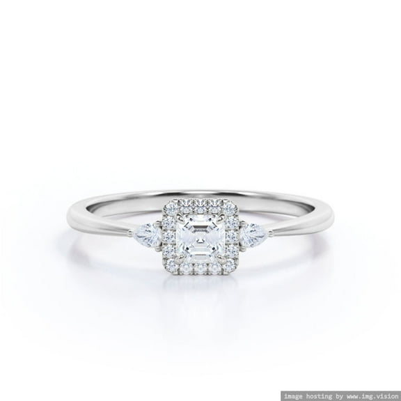 Moissanite Ring Tapered 0.7 ct triple stone Round Cut Halo Engagement925 Sterling Silver (Solid) Ring Size - 4 US