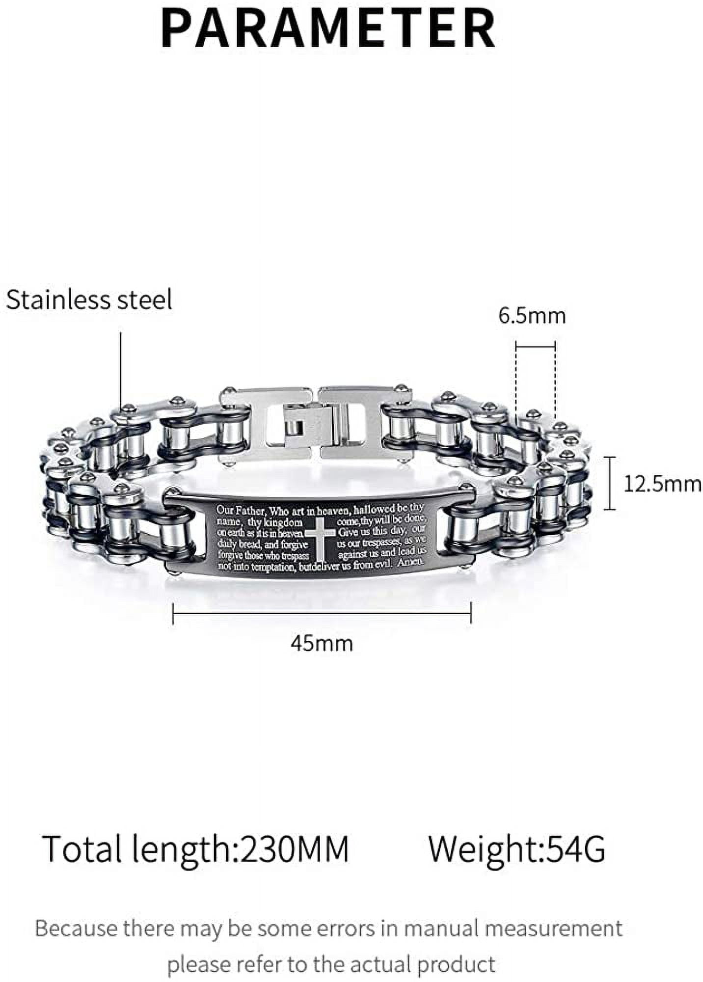 Mens Motorcycle Bike Link Chain Lord's Prayer English Christian Cross Bracelet Size 8 Inch or Size 9 Inch (Red, 8 Inch)