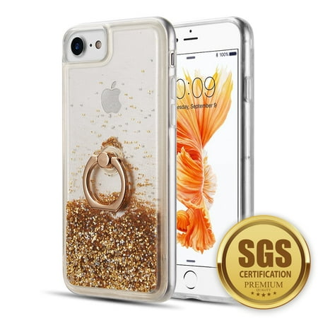 Apple iPhone 8, iPhone 7, iPhone 6s /6 Phone Case Hybrid Glitter Luxury Bling Sparkling Liquid Quicksand Sparkle TPU Rubber Hard PC Back + Ring Holder Kickstand Cover GOLD for iPhone 8 /7 / 6