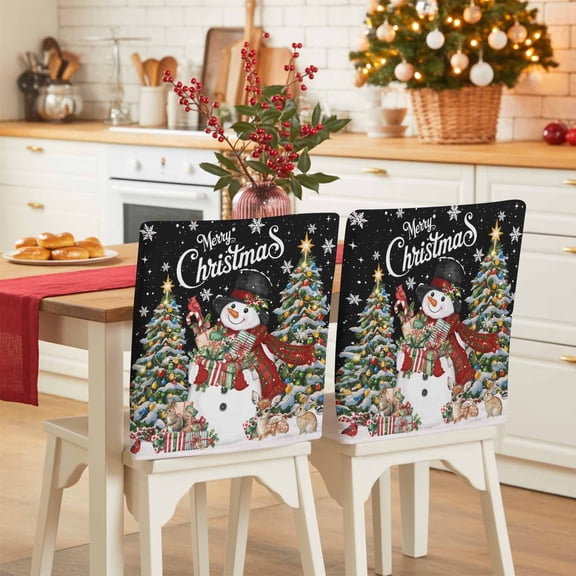 Black Merry Christmas Snowman Chair Covers Set of 6 Xmas Tree Gift Winter Snowflake Deer Chair Back Covers Stretch Removable Washable Slipcovers Protector for Dining Room Kitchen Party Decor
