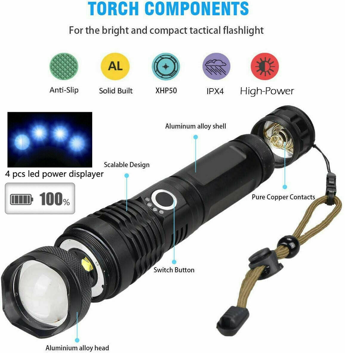 Waterproof 20W High Power Flashlight 900000 Lumens XHP50 LED Zoom Torch Headlamp 