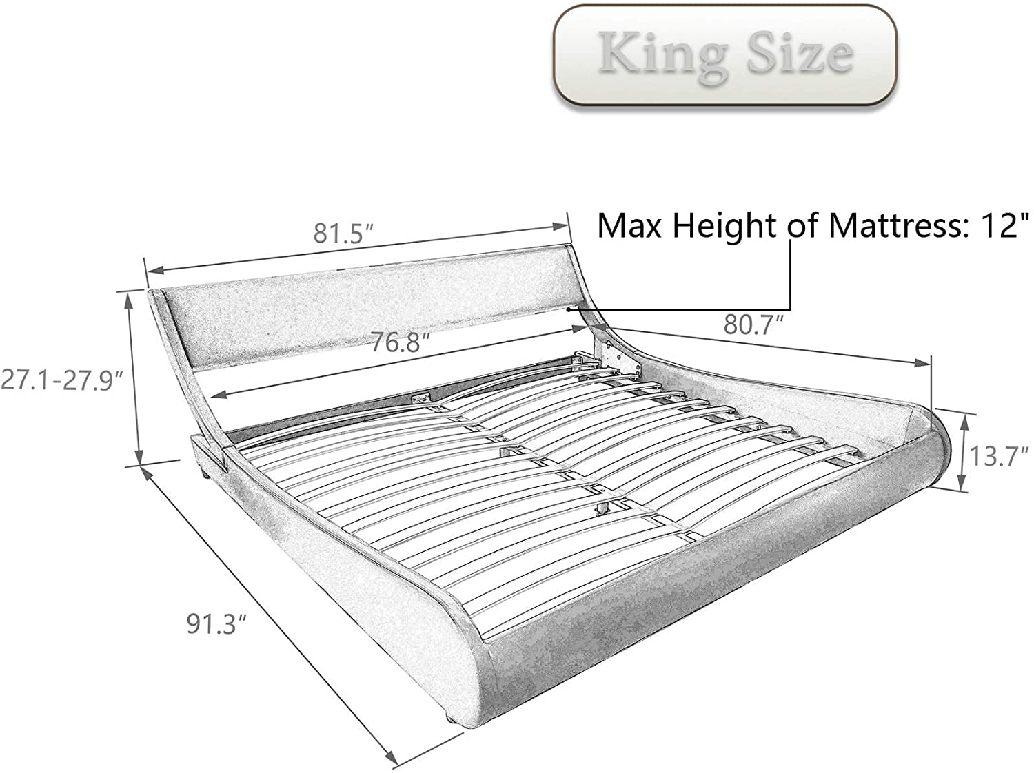 Amolife King Size Modern Platform Bed Frame with Adjustable Headboard, Faux  Leather, Black with White Border 
