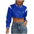 thumbnail image 3 of tklpehg Womens Jackets and Coats Fall Leather Jacket Baseball Short Coat Long Sleeve Loose Fall Coat Leisure Overcoat Solid Color Outwear Blue M, 3 of 7