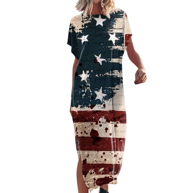 SMihono Robe Maxi Bohème d'Été pour Femmes Grande Taille Robe Maxi pour Femmes Plage Vacances Décontractée Ample Longue Robe Manches Courtes Robes d'Été avec Fente Robe Évasée de Plage