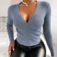 thumbnail image 1 of Hauts à Manches Longues pour Femmes, Mode, Col en V, Manches Longues, Pulls Croisés, Hauts Slim, 1 of 4