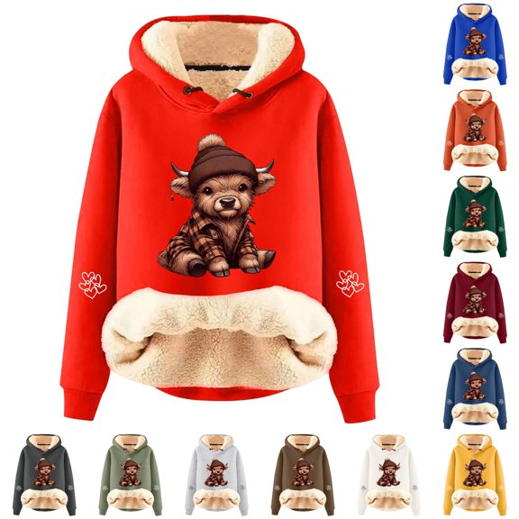NinXxx Women's Cute Cow Print Lined Hoodie Casual Long Sleeve Sweatshirt Red XXXXL