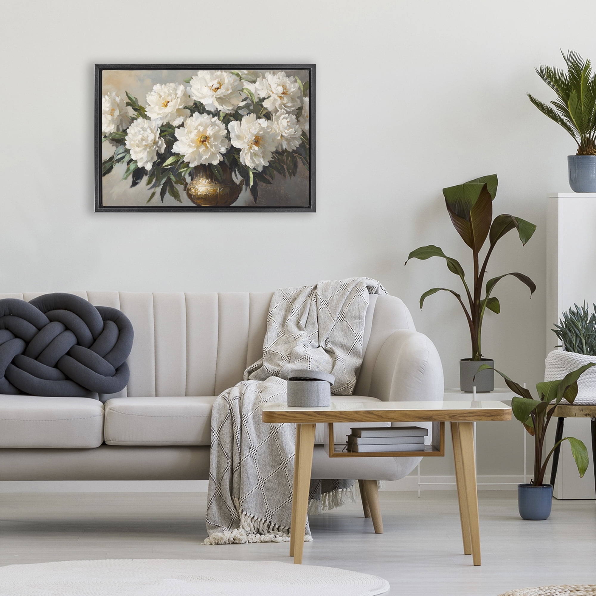 Stupell Industries Golden Vase with Peonies Black Framed Floater Canvas Wall Art, design by Petal Prints Design